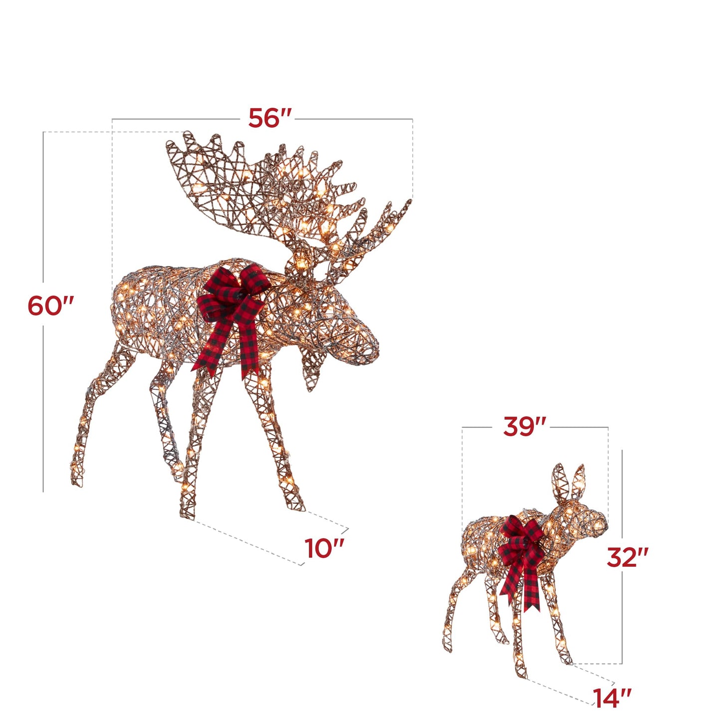 5ft 2-Piece Moose Family, Lighted Outdoor Christmas Yard Decoration, Light-Up Décor Set w/ 370 LED Lights, Zip Ties - Rattan