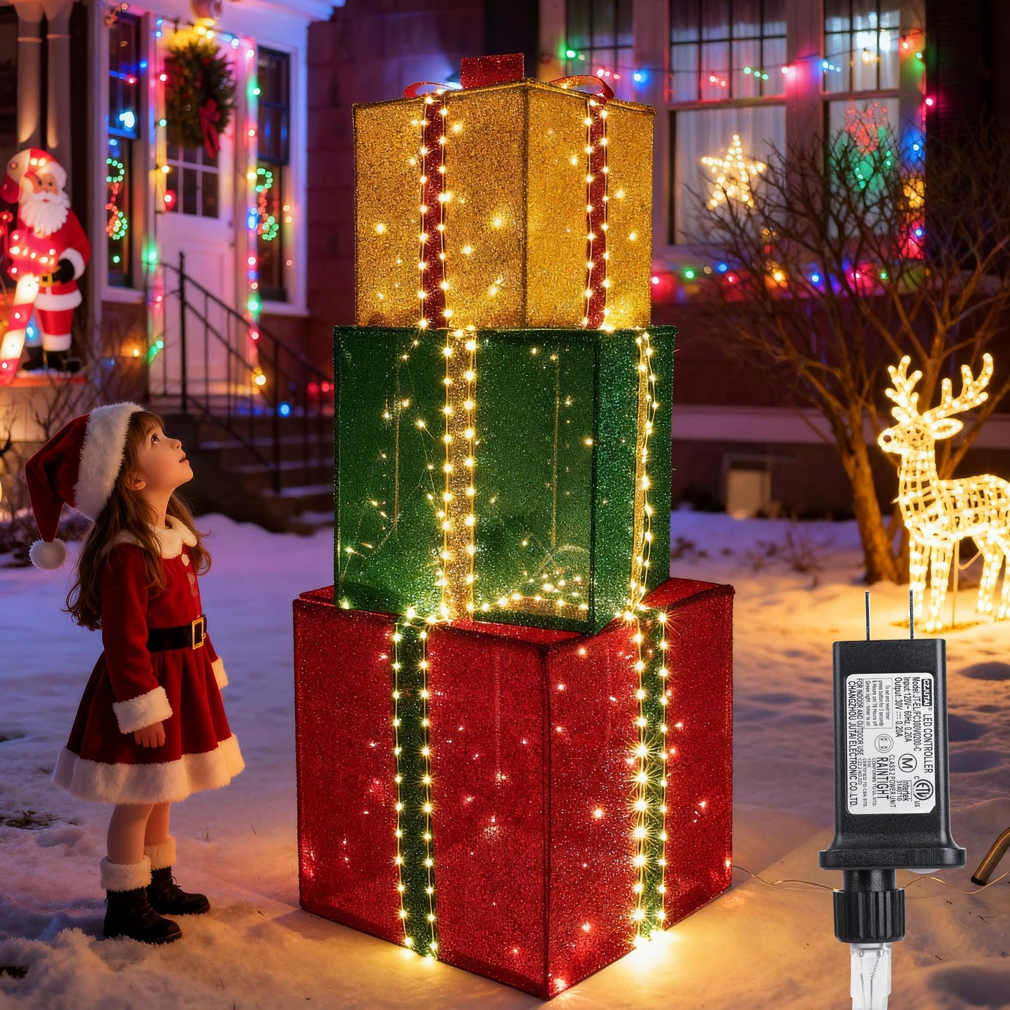 Christmas Decorations Outdoor - Set of 3 Larger Lighted Gift Boxes with Timer, Foldable Pre-Lit Gift Boxes for Xmas Tree, Yard, Holiday, Indoor Outdoor Christmas Decorations