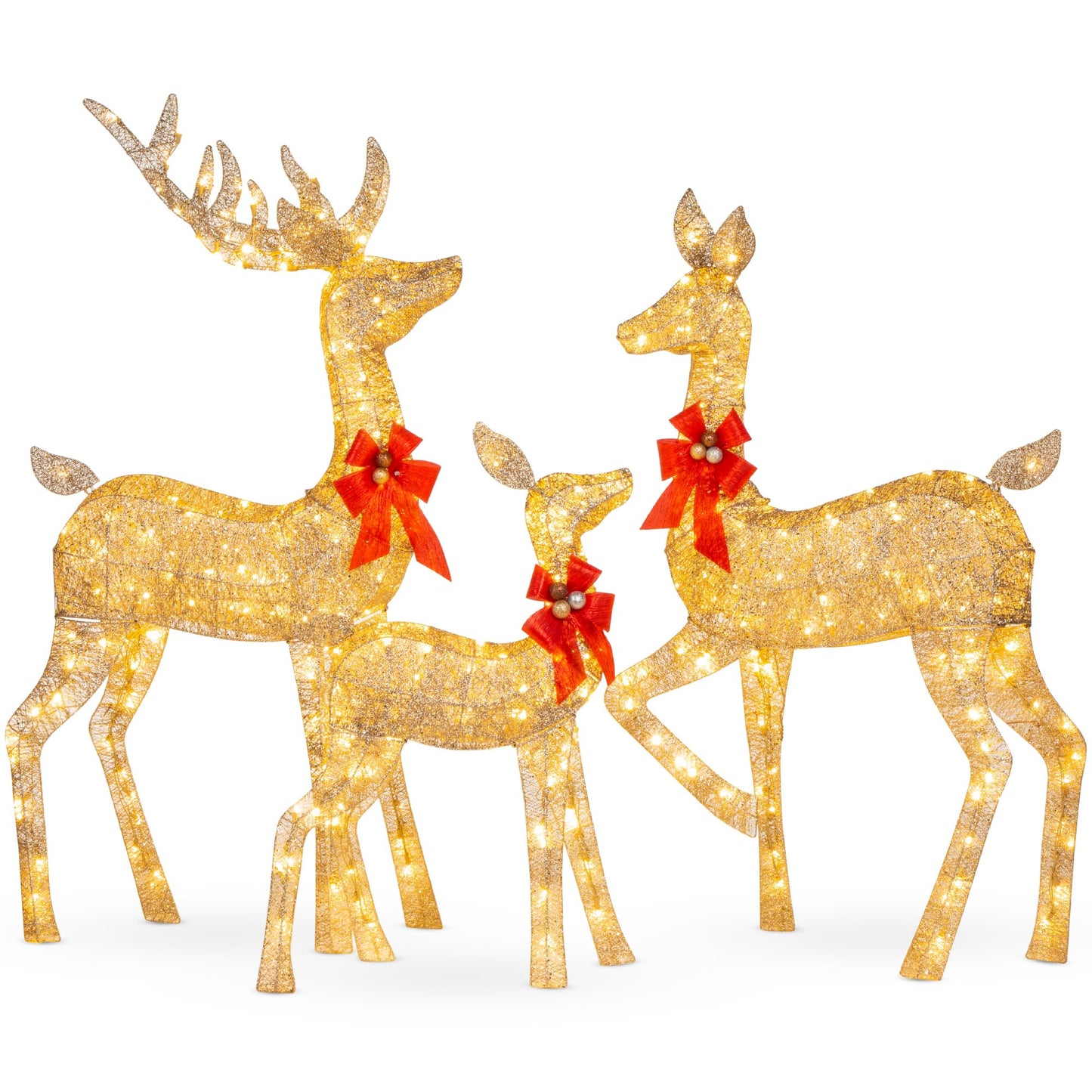6.5ft 3-Piece Large Lighted Christmas Deer Family Set, Outdoor Yard Decoration with 385 LED Lights, Stakes, Zip Ties - Gold