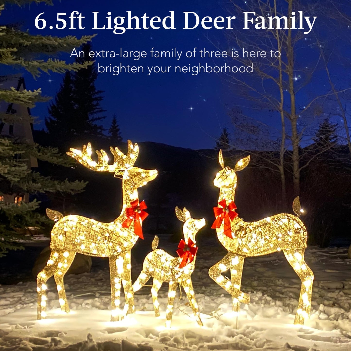 6.5ft 3-Piece Large Lighted Christmas Deer Family Set, Outdoor Yard Decoration with 385 LED Lights, Stakes, Zip Ties - Gold