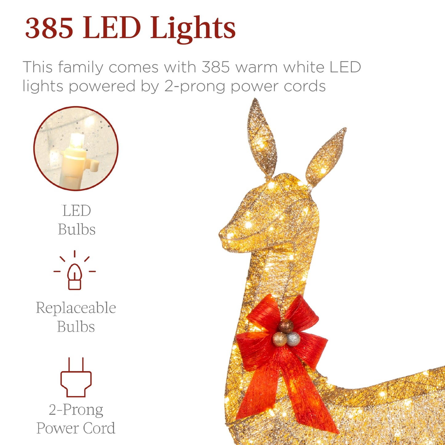 6.5ft 3-Piece Large Lighted Christmas Deer Family Set, Outdoor Yard Decoration with 385 LED Lights, Stakes, Zip Ties - Gold