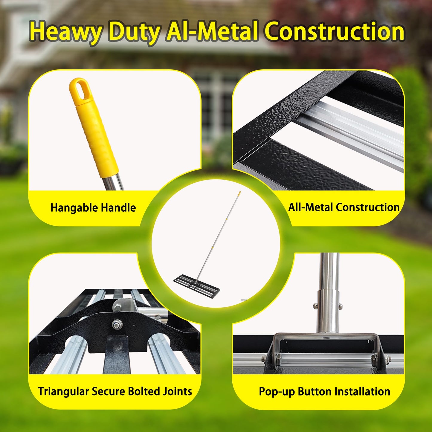 36"x10"Lawn Leveling Rake with Aluminum Rollers, Stainless Steel Yard Lawn Leveler Tool with Adjustable Long Handle, Yard Leveling Rake Suit, Levelawn Tool for Soil, Grass, Golf Course, Garden, Farm