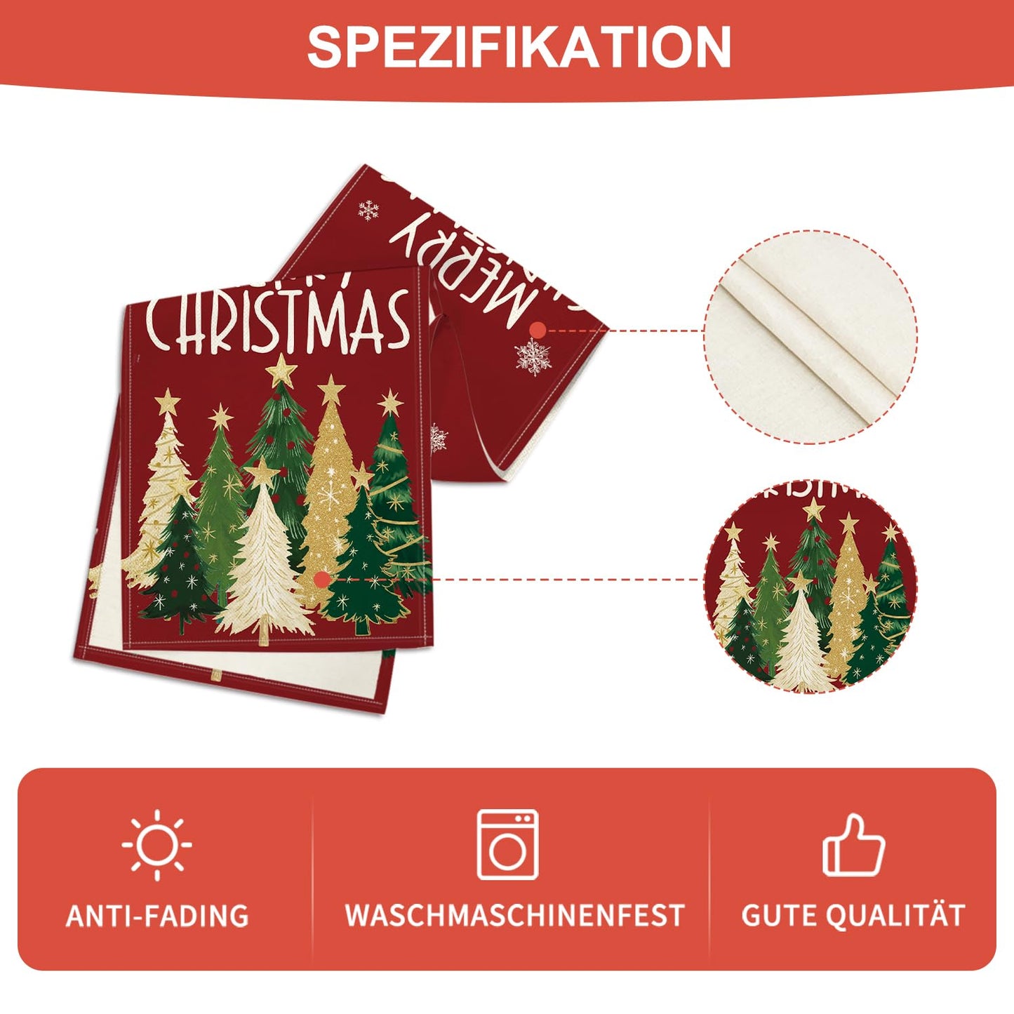 Xmas Trees Snowflakes Red 210 GSM Merry Christmas Table Runner, Winter Kitchen Dining Table Decoration for Home Party Decor 13x72 Inch