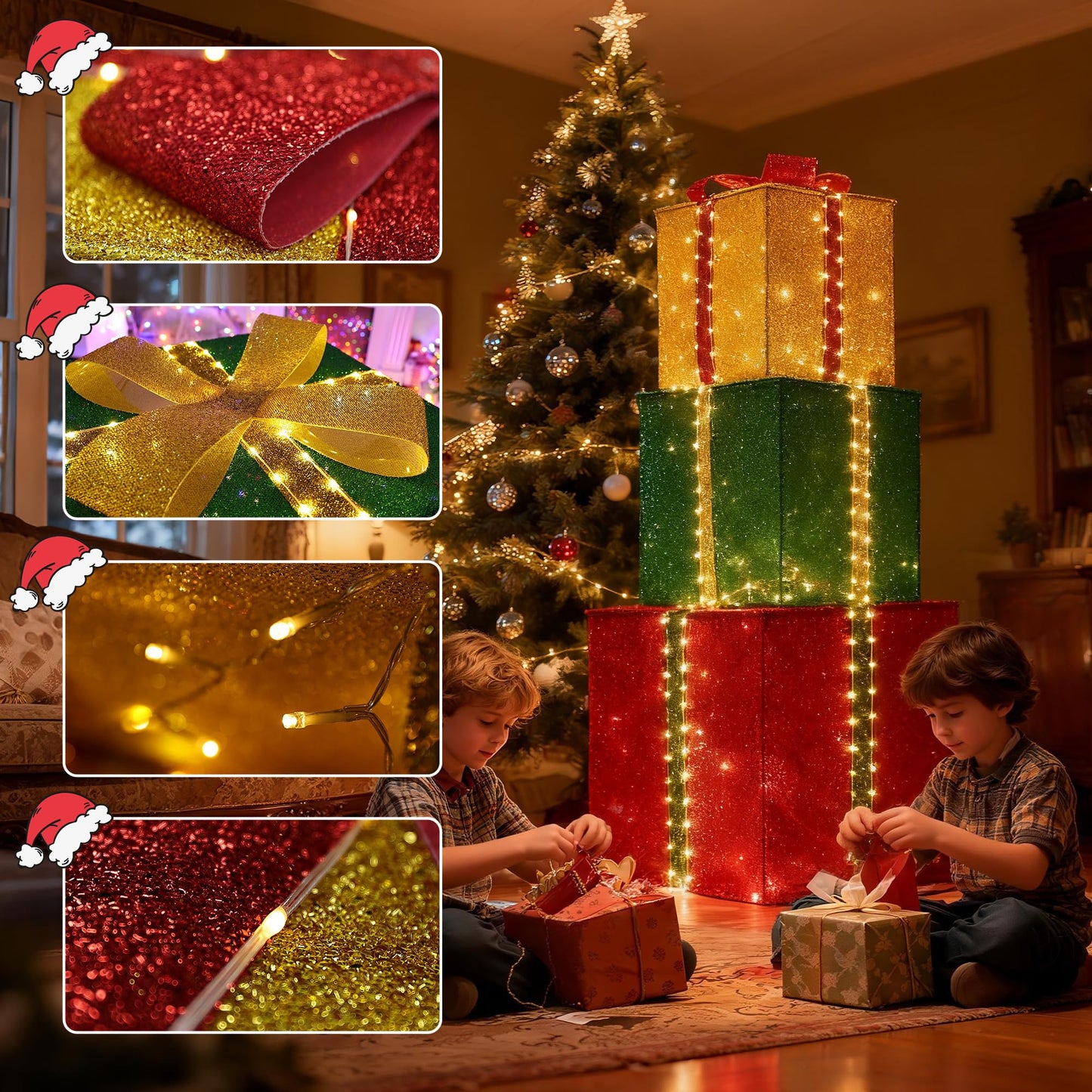 Christmas Decorations Outdoor - Set of 3 Larger Lighted Gift Boxes with Timer, Foldable Pre-Lit Gift Boxes for Xmas Tree, Yard, Holiday, Indoor Outdoor Christmas Decorations